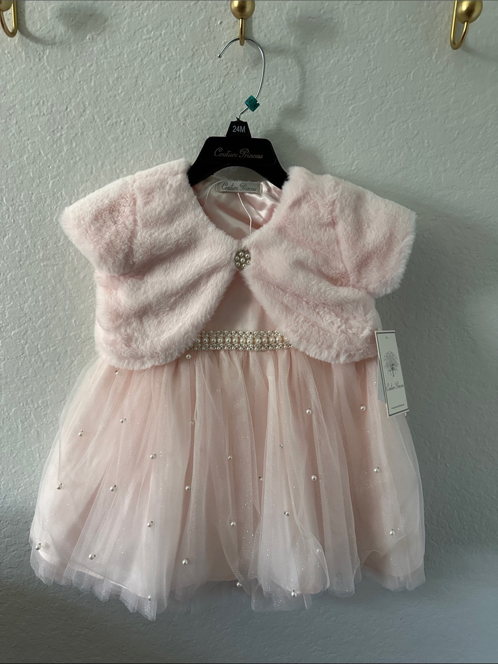 NWT Couture Princess Pink Tulle Party Dress with Faux Fur Bolero, Size 24M